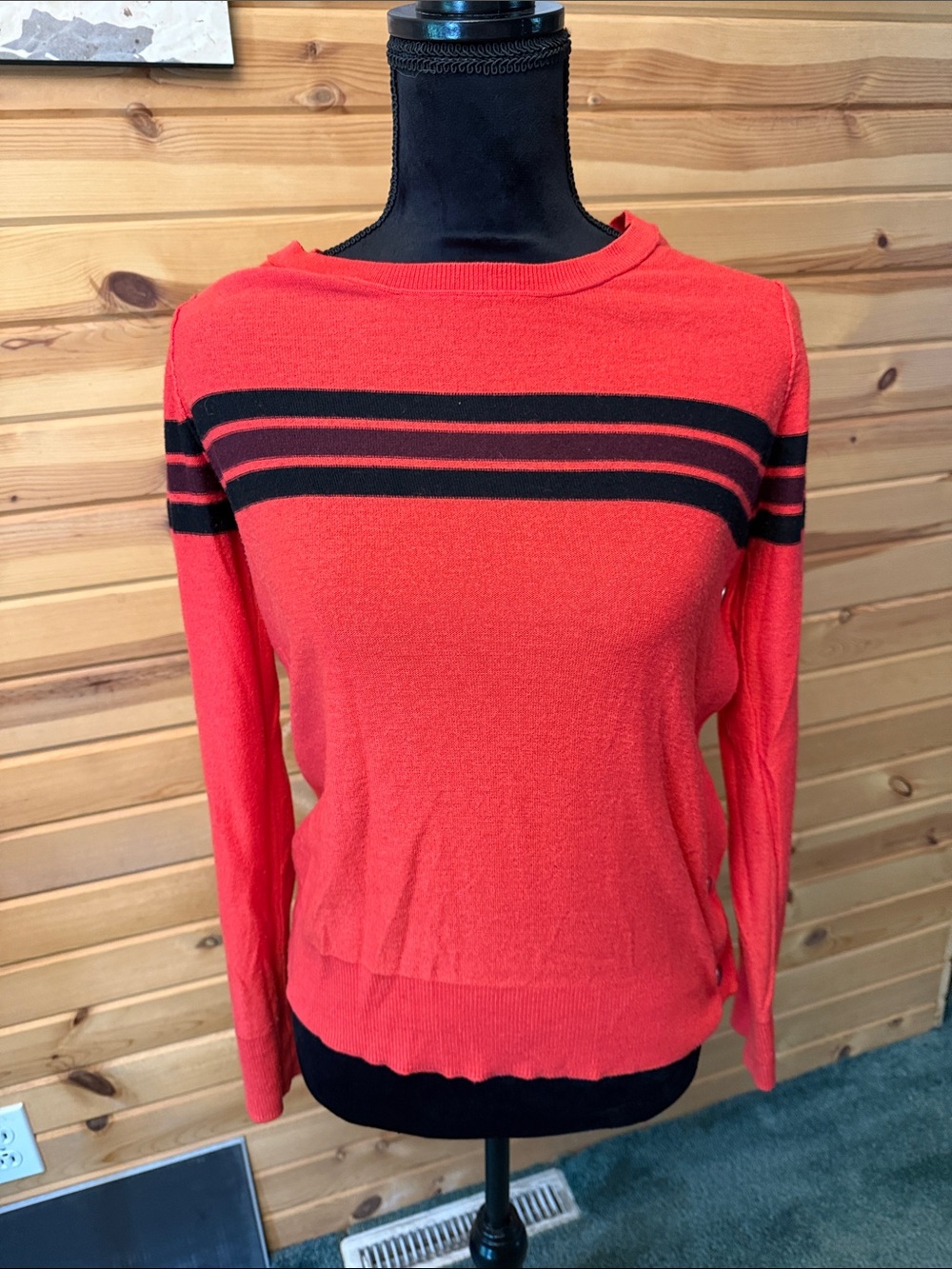 Red Striped Women's Sweater - Casual Crewneck